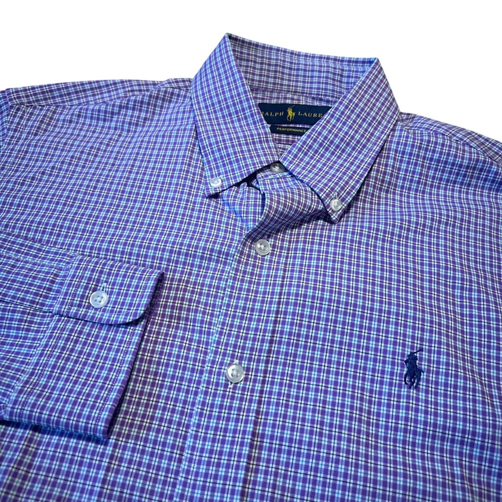 Ralph Lauren Mens M Performance Shirt Purple Blue Check 710673044003 Long Sleeve